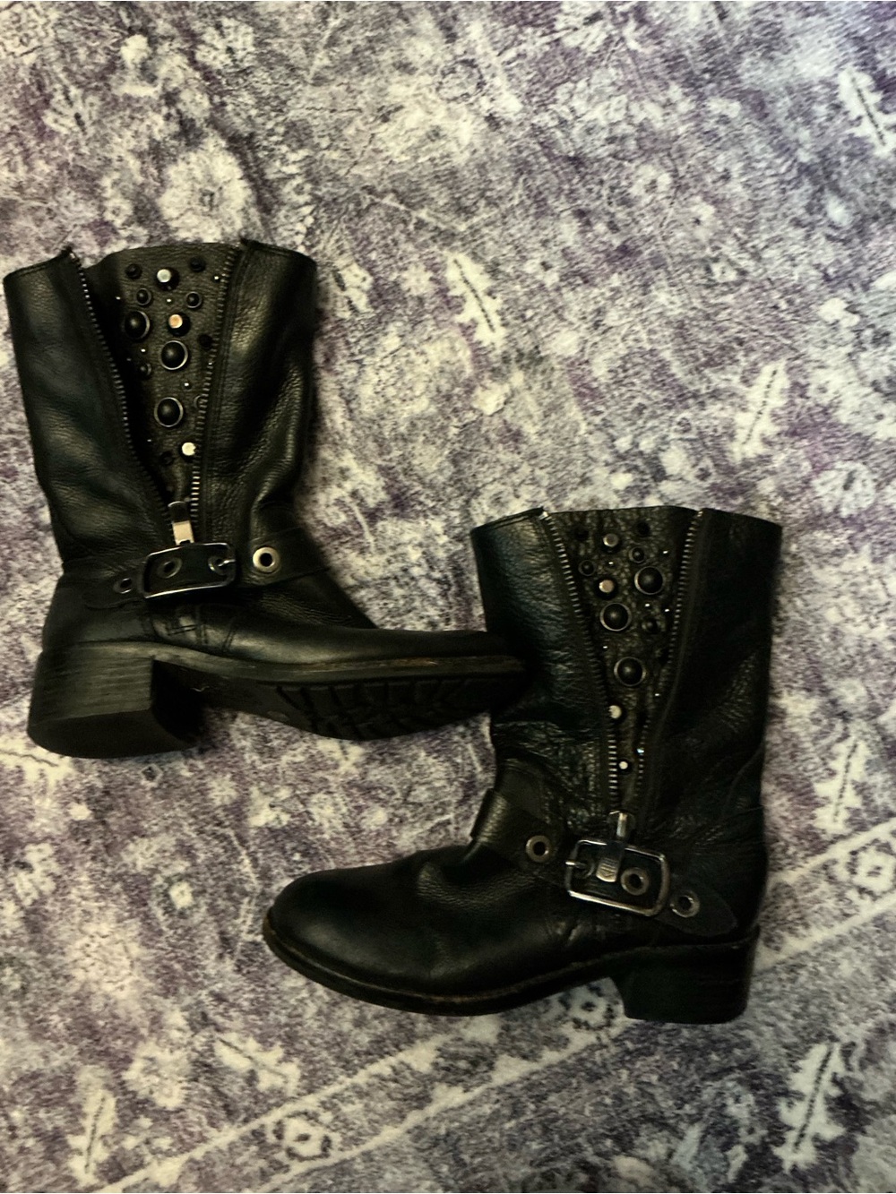 Black Studded Mid-Calf Leather Boots - Women's